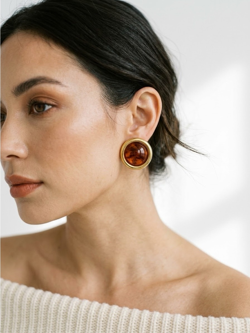 Vintage 80s Parisian Amber & Gold Cabochon Oversized Statement Clip-On Earrings